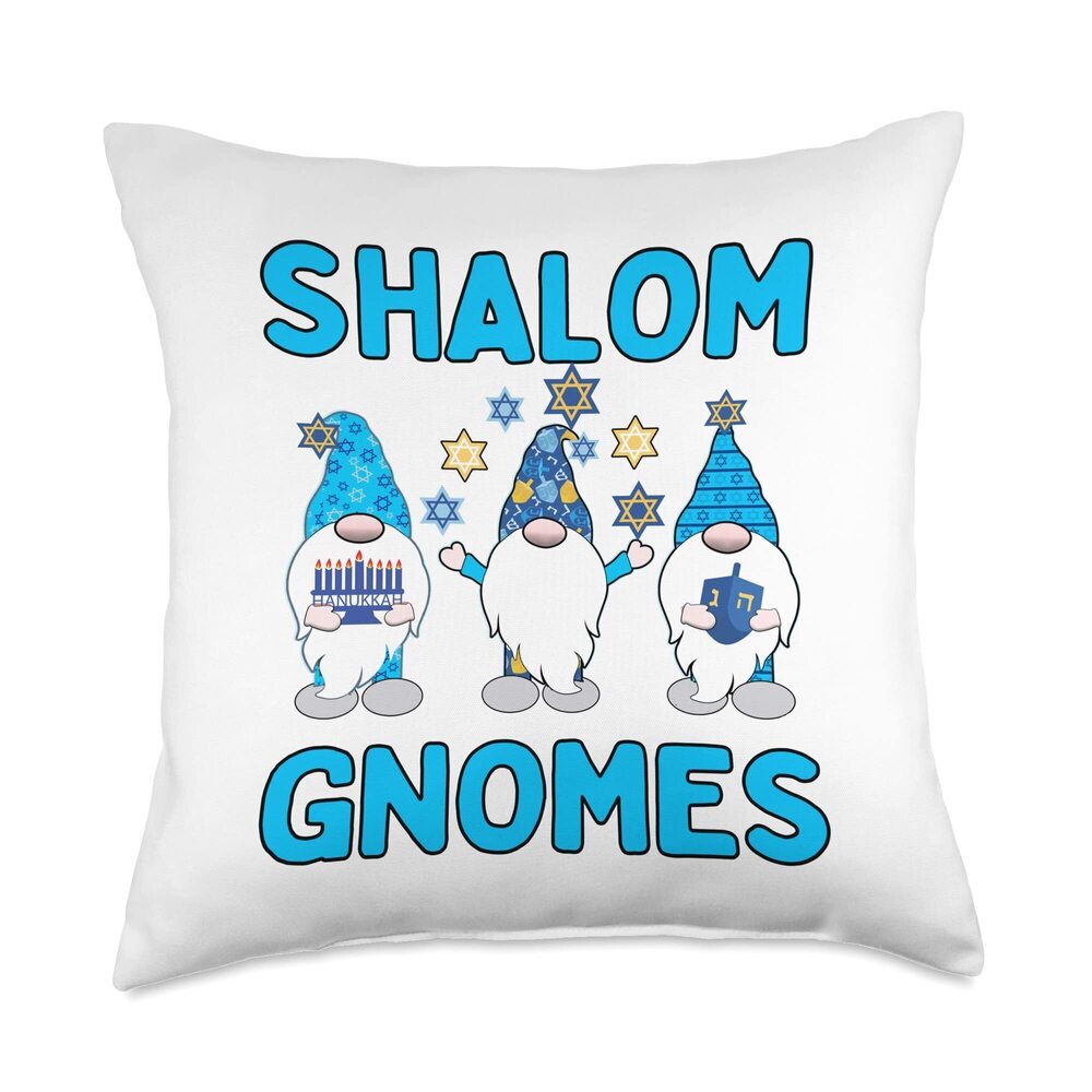 8814 Shalom Gnomes Blue Hats Hanukkah Gnomes Gnomies Throw Pillow